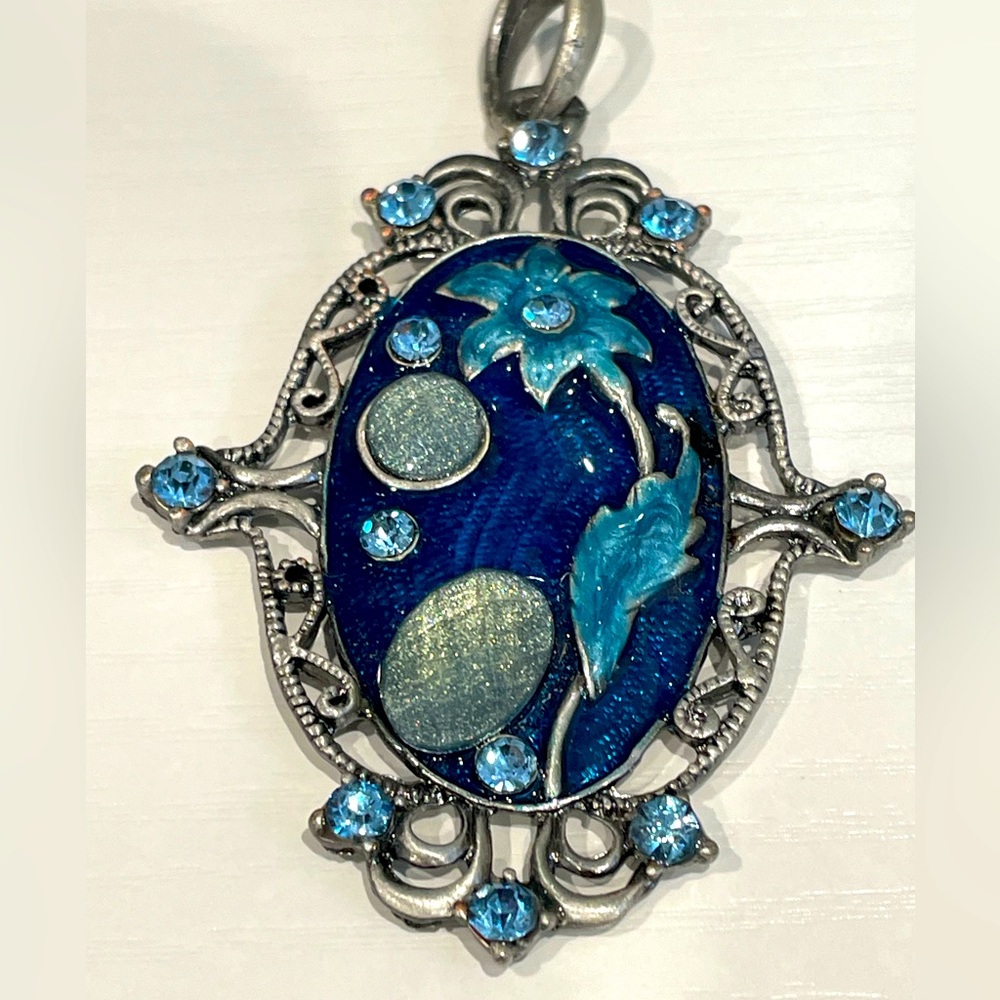 Blue Enamel Flower Rhinestone Pendant Oval Scroll Work Pewter Look